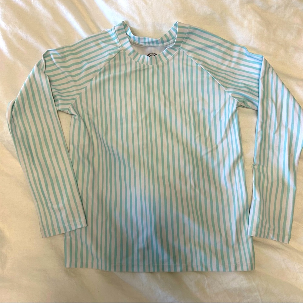 MOTT50 Kids Turquoise Blue Stripe Print Swim Rashguard size 10